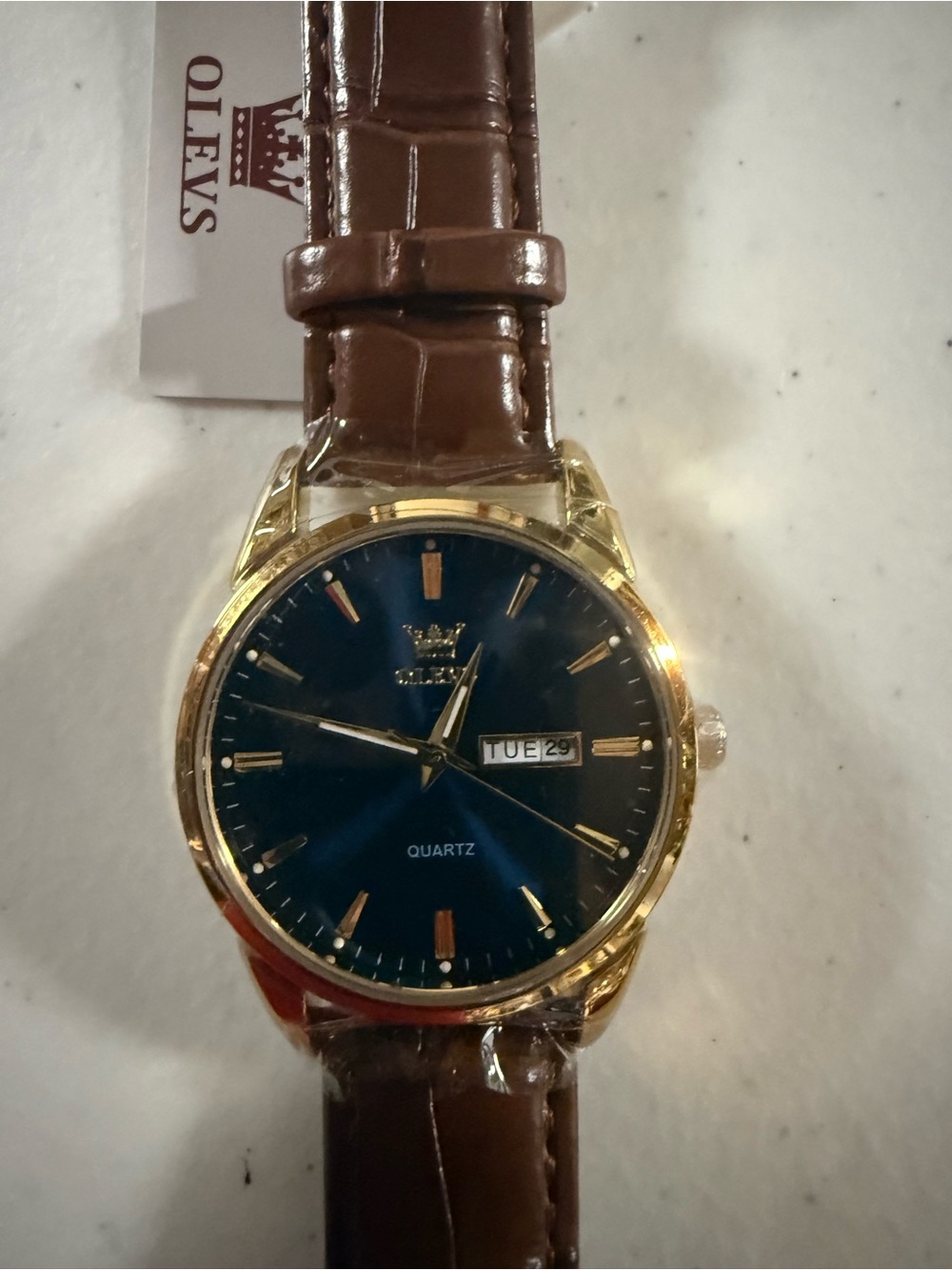 #108 OLEVS Men's Quartz Dress Watch - Blue Dial, Brown Leather Strap